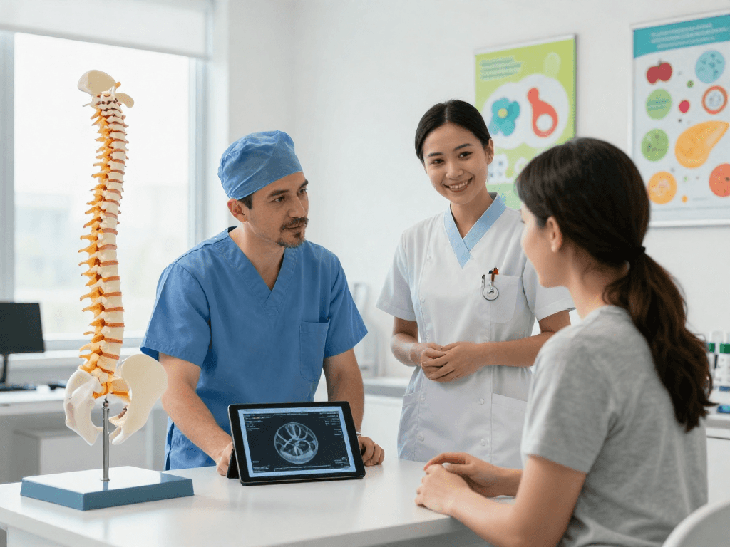 Consultation about bel fıtığı ameliyatı in a modern clinic with patient and surgeon.