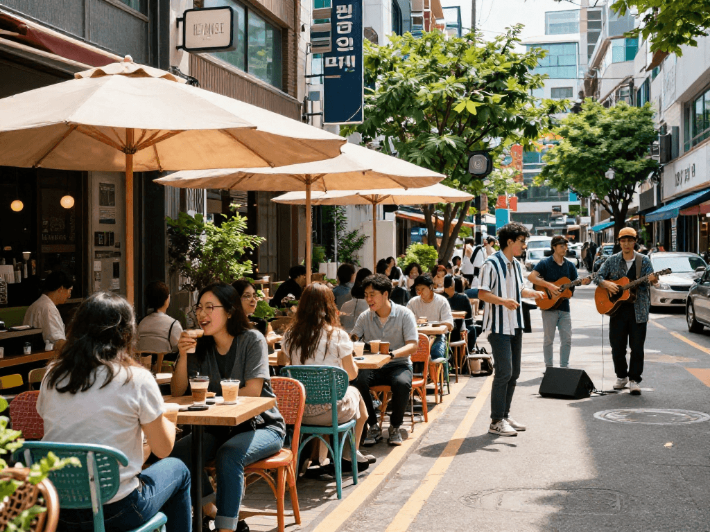 강남 달토의 활기찬 거리 풍경, 카페에서 사람들 모임 모습