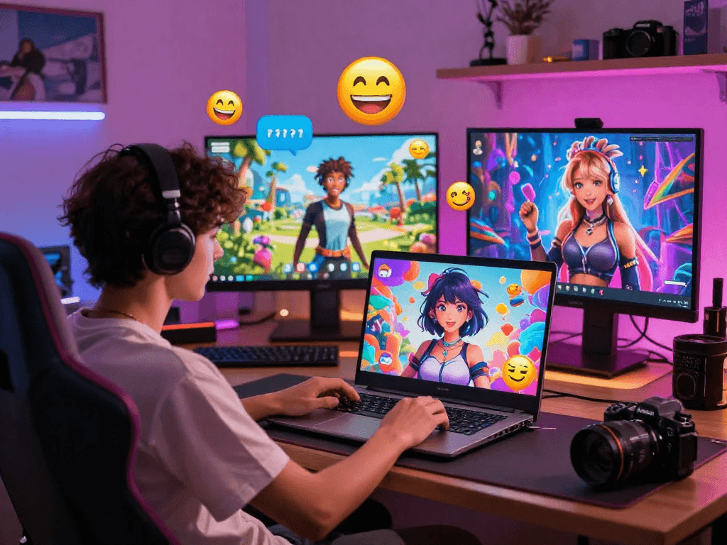 Engaging hentai ai chat interface on a laptop, showcasing vibrant characters and a lively digital atmosphere.